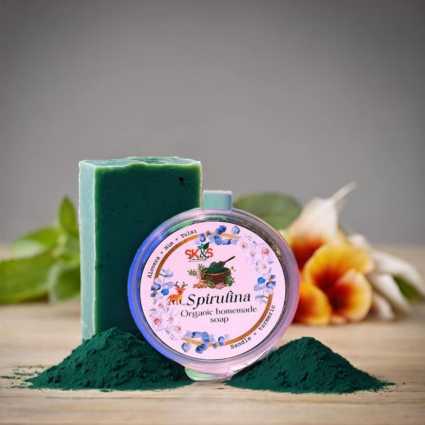 SK&S Farming Homemade- Natural and Organic Spirulina Soap with Aloe Vera, Tulsi, Nim, sandalwood and Turmeric for Anti-Acne, Anti-Aging, Skin Brightening and removes the dullness view 3