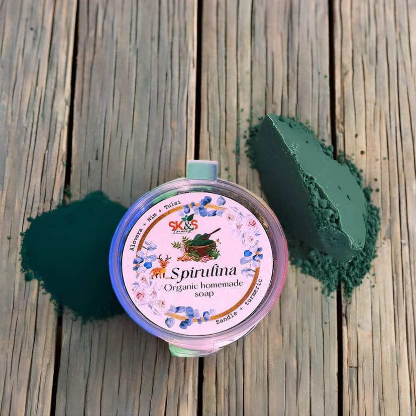 SK&S Farming Homemade- Natural and Organic Spirulina Soap with Aloe Vera, Tulsi, Nim, sandalwood and Turmeric for Anti-Acne, Anti-Aging, Skin Brightening and removes the dullness view 4