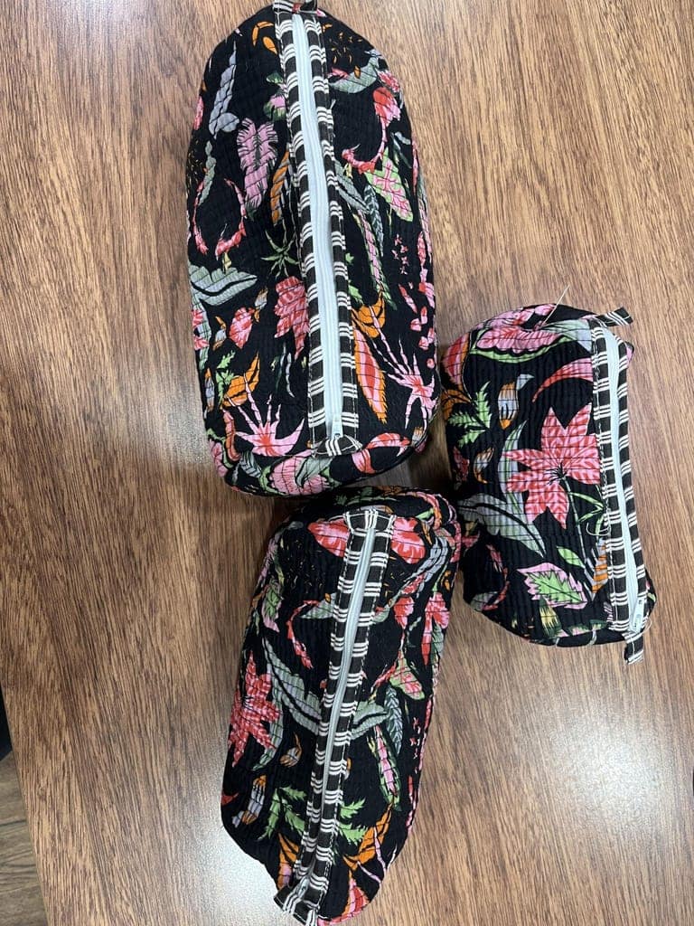 Quilted Travel Set with Floral Print, Black with Pink and Green Flowers, 3-Piece Set, Cosmetic Bags view 3