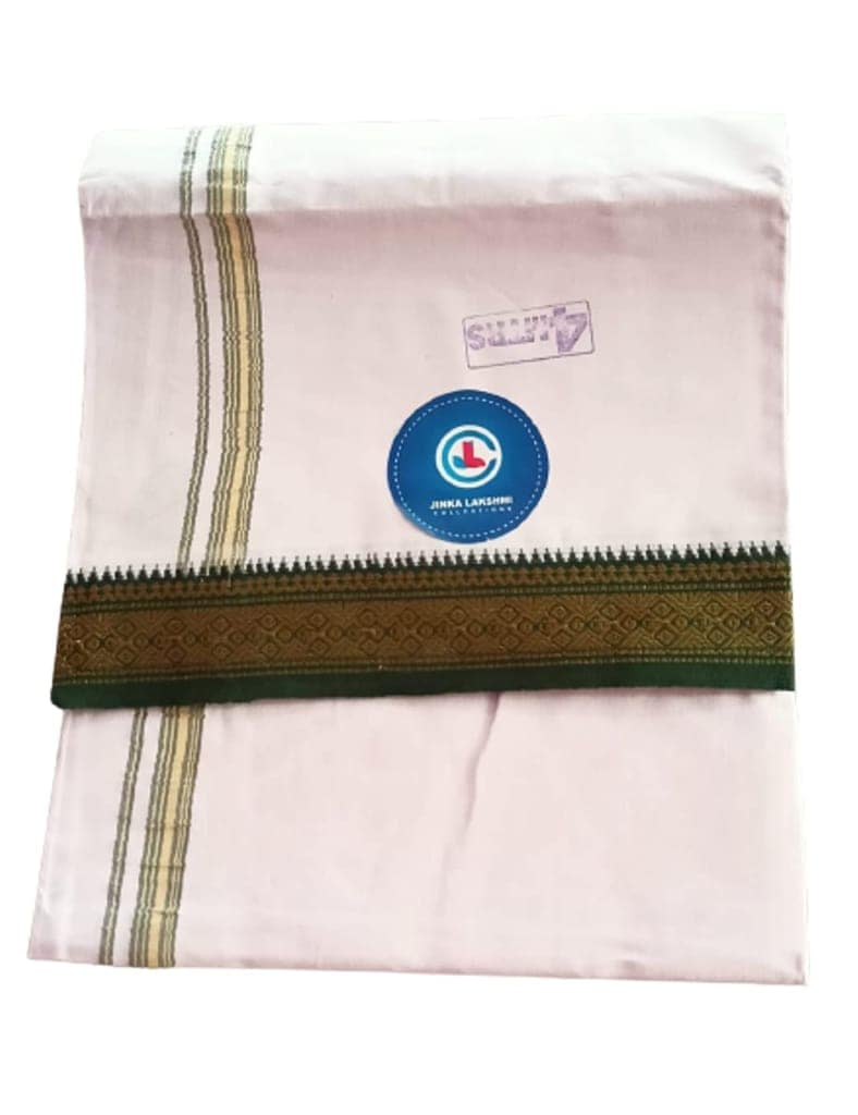 Jinka Lakshmi Collections Handloom White Cotton Dhoti With Big Borders 4 Meters Unstitched Pack of 2 (Multicolor-1) view 3