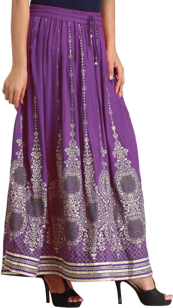 Sparkling-Grape Embellished Long Skirt with Golden Print and Embroidered Patch Border view 2