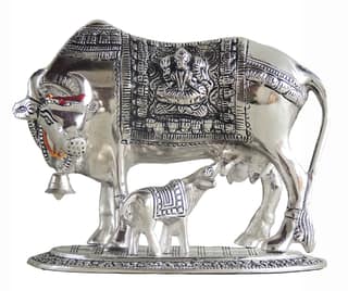 DreamKraft Metal Kamdhenu Cow And Calf Statue, Standard, Silver, 1 Piece