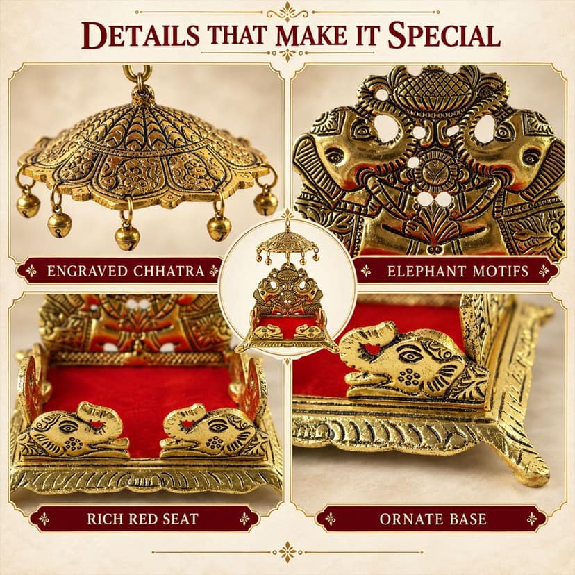Decorative Deity Singhasan with Elephant Motifs, Chhatra and Red Seat (1 Pc) view 3