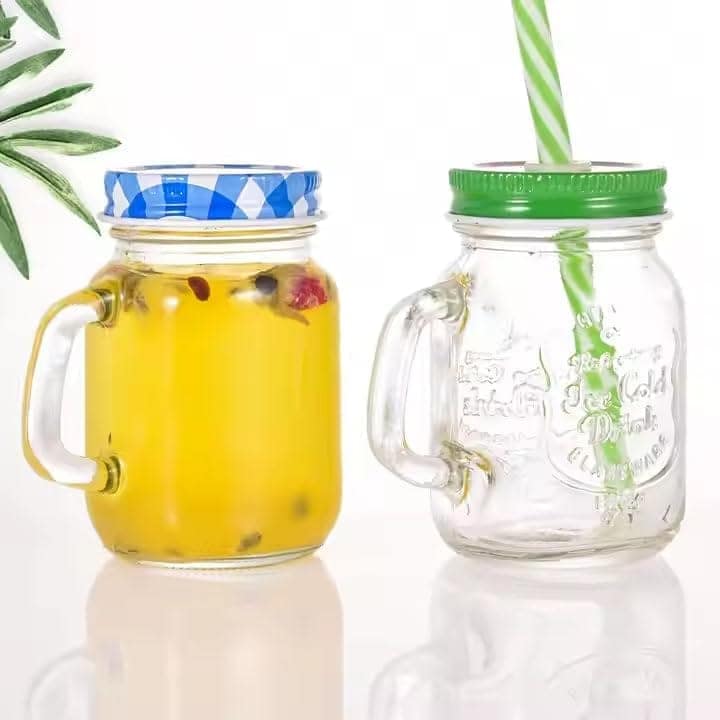 Glass Mason Jar with Air Tight Lid & Straw, 450 ML,Set of 2,Handle Mason Mug Jars for Drinks Beverages Fruit,Juice,Coco, Milk,Water,Smoothie,Re-Usable Straw, Ideal for Gym,Office Home, Travel,College