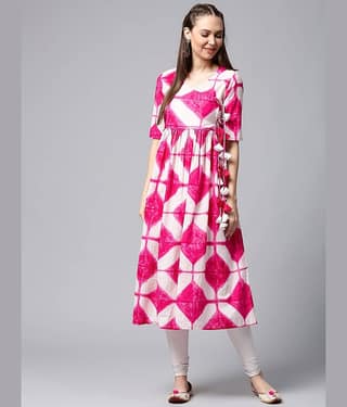 Antaran Cotton Printed Angrakha Women's Kurti - Pink ( Pack of 1 )