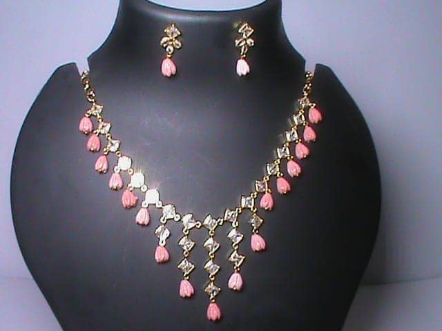 Delicate Pink Beaded Necklace and Earring Set with Rhinestone Accents view 2