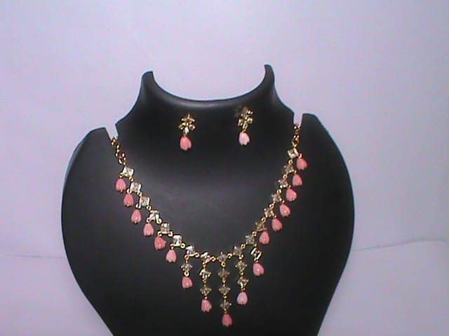 Delicate Pink Beaded Necklace and Earring Set with Rhinestone Accents view 3