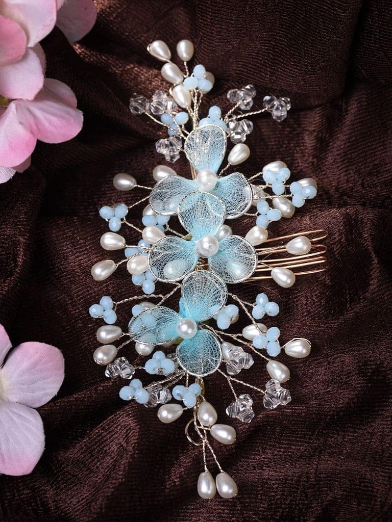 Silver Toned & Blue Stocking Flowers Beaded Hair Accessory view 7