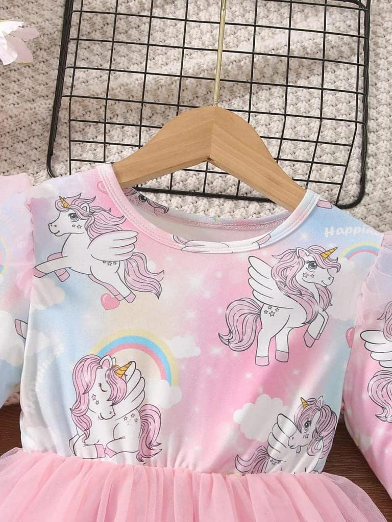 Buy & Try Girl's Modal Unicorn Printed Frock Short Knee Length Long Sleeve Frocks Dress. view 10