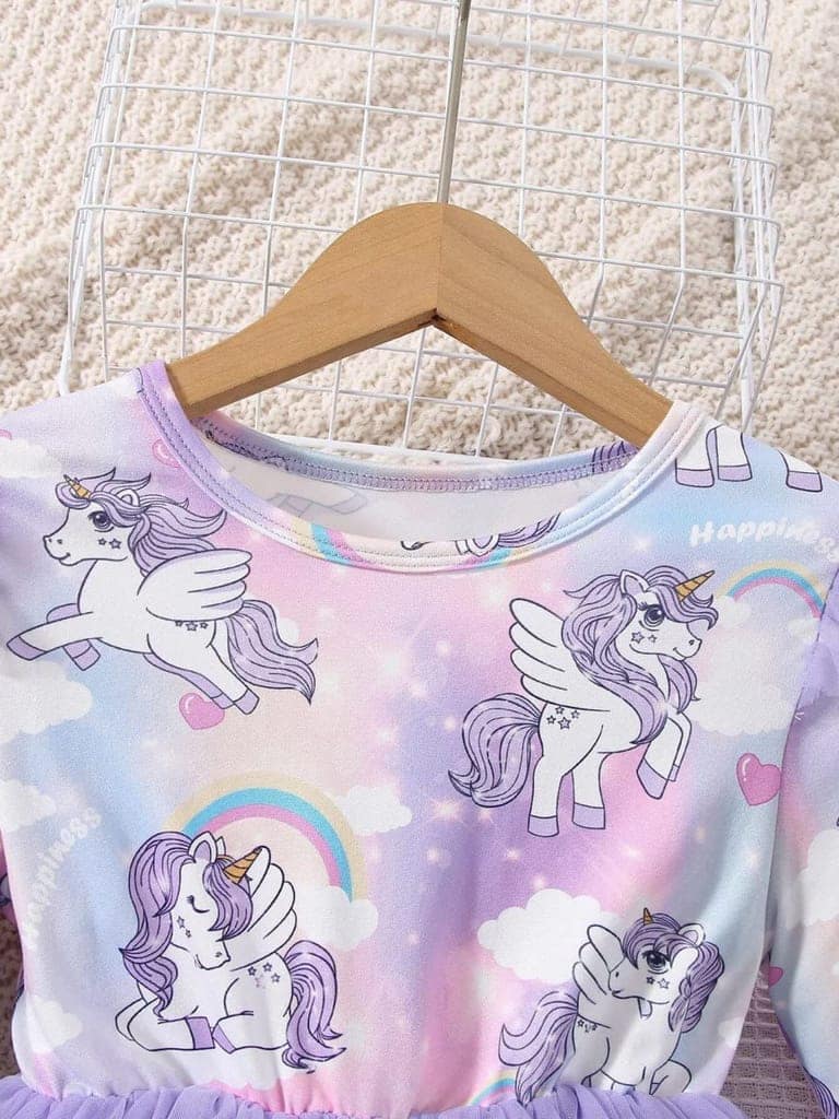Buy & Try Girl's Modal Unicorn Printed Frock Short Knee Length Long Sleeve Frocks Dress. view 4