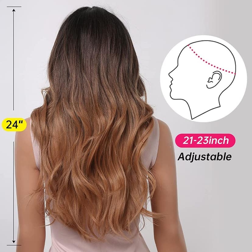 Akashkrishna Long Ginger Brown Wigs for Women Brown Ombre Natural Curly Synthetic Hair with Dark Roots Middle Part Body Wave Wig With Comb And Comb view 2