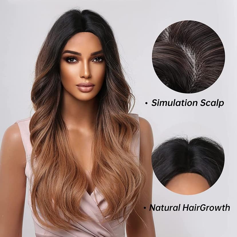 Akashkrishna Long Ginger Brown Wigs for Women Brown Ombre Natural Curly Synthetic Hair with Dark Roots Middle Part Body Wave Wig With Comb And Comb view 3