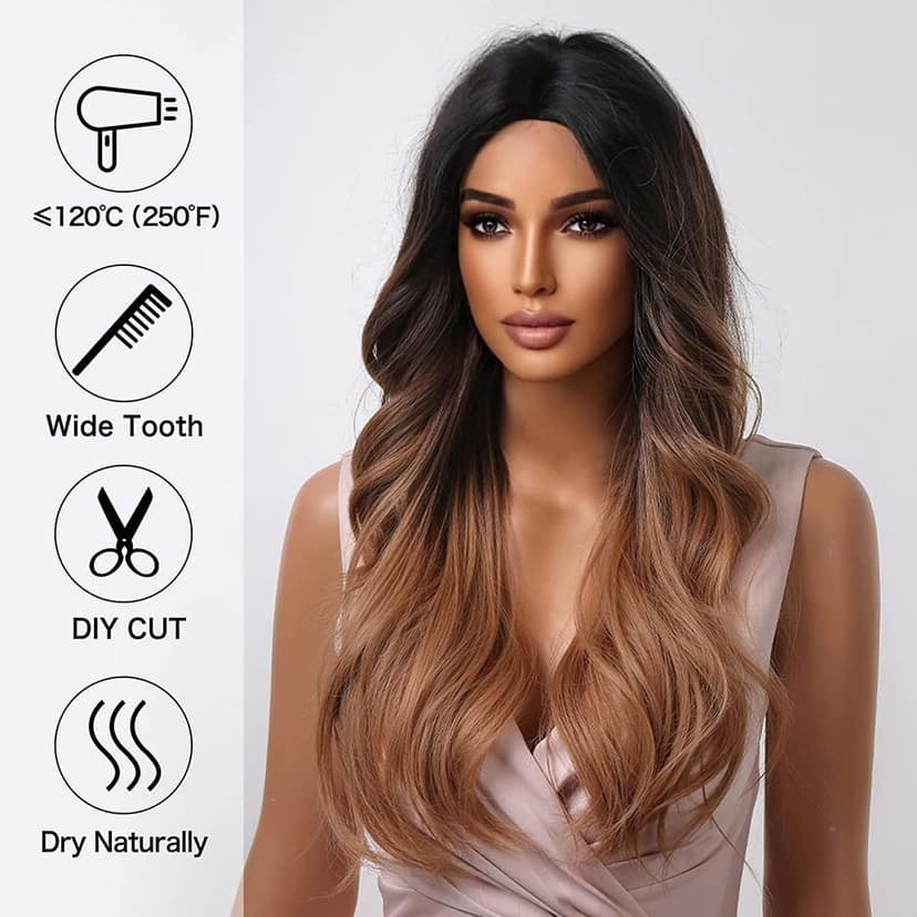 Akashkrishna Long Ginger Brown Wigs for Women Brown Ombre Natural Curly Synthetic Hair with Dark Roots Middle Part Body Wave Wig With Comb And Comb view 4