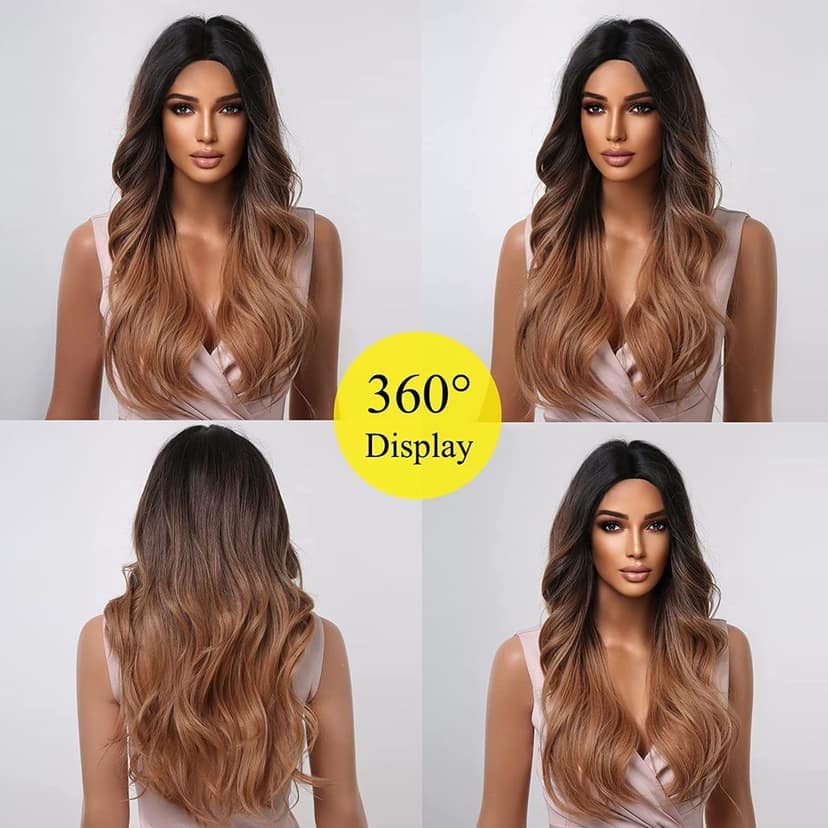 Akashkrishna Long Ginger Brown Wigs for Women Brown Ombre Natural Curly Synthetic Hair with Dark Roots Middle Part Body Wave Wig With Comb And Comb view 5