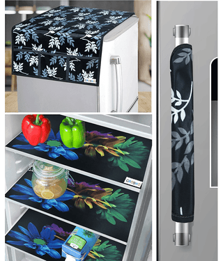 Crosmo Polyester Floral Printed Fridge Mat & Cover ( 64 18 ) Pack of 5 - Black