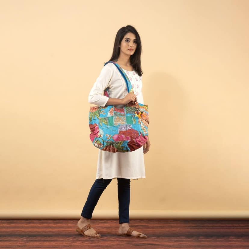 Rajasthani Embroidered Shoulder Bag, Pure Cotton Shoulder Bag With Handmade Beautiful Patchwork view 2