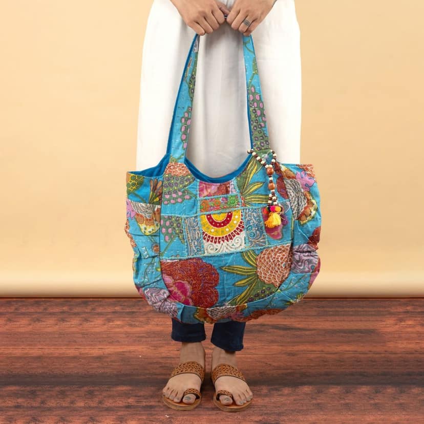 Rajasthani Embroidered Shoulder Bag, Pure Cotton Shoulder Bag With Handmade Beautiful Patchwork view 4