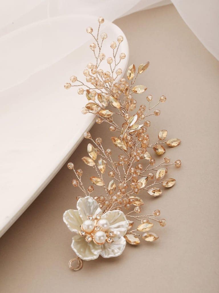 Gold Toned Coral Pearl Embedded Statement Hair Comb Pin view 2