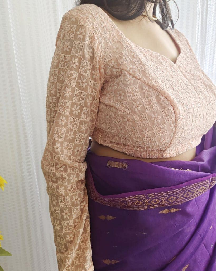 Chiffon Stitched Blouse Peach Color with Heavy Chikenkari Embroidery-9154 view 3