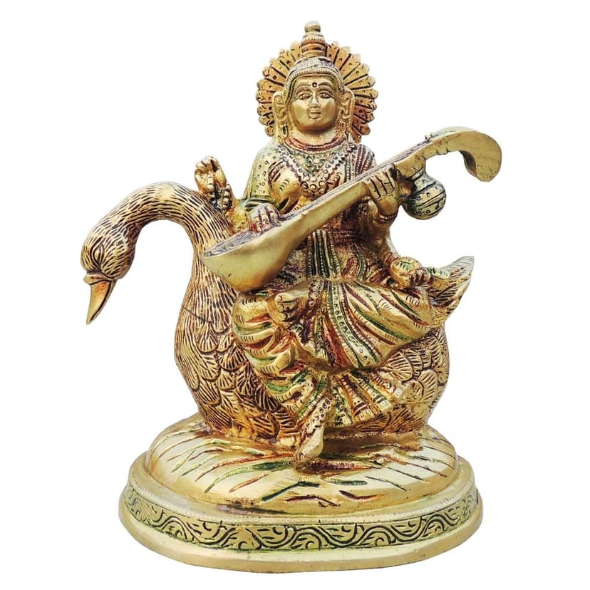 Brass Saraswati Ji on Swan God Idol - Elegant Decorative Sculpture, Height : 7.2 Inch (BSMAS931 C) view 2