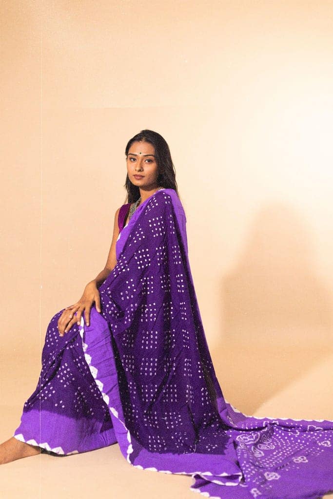 Boond - Kaisori Bandhani shades of purple Bandhani cotton saree view 8