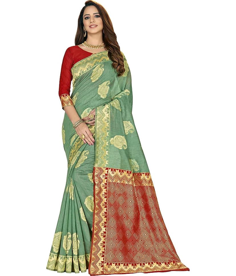 Sariya Silk Blend Woven Saree With Unstitched Blouse Piece ( Green )