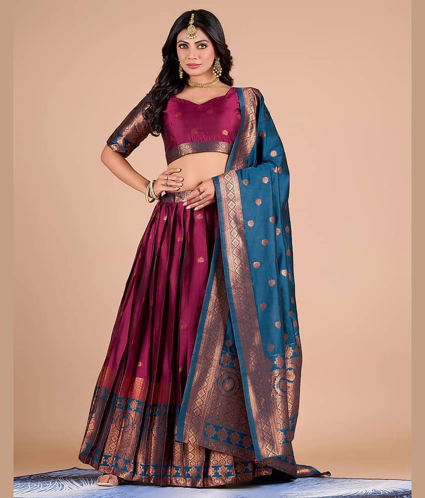 Indesa Beige Banarasi Silk A-line Unstitched Lehenga Single