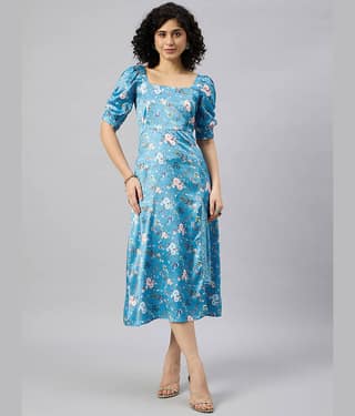 Kuwarii Women Polyester Printed Side Slit Dress ( Blue )