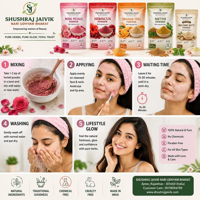 SHUSHRAJ JAIVIK 5-in-1 Herbal Facial Powder Combo Pack | Rose Petals, Hibiscus, Orange Peel & Methi Powder with 20g Multani Mitti Gift Pack | Natural Skin Care Combo view 7