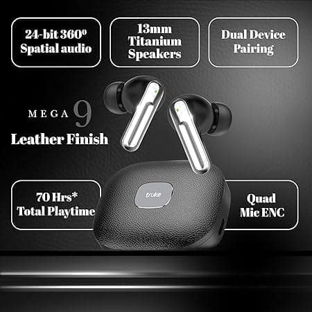 truke Mega 9 New Launch True Wireless in Ear Earbuds W/ 24-Bit Lossless Spatial Audio, 70H Battery Fast Charge Ear Buds (Charcoal Black) view 3