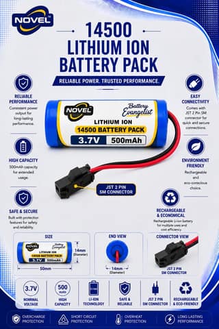 NOVEL 3.7V 500mAh 14500 SINGLE CELL SM PIN