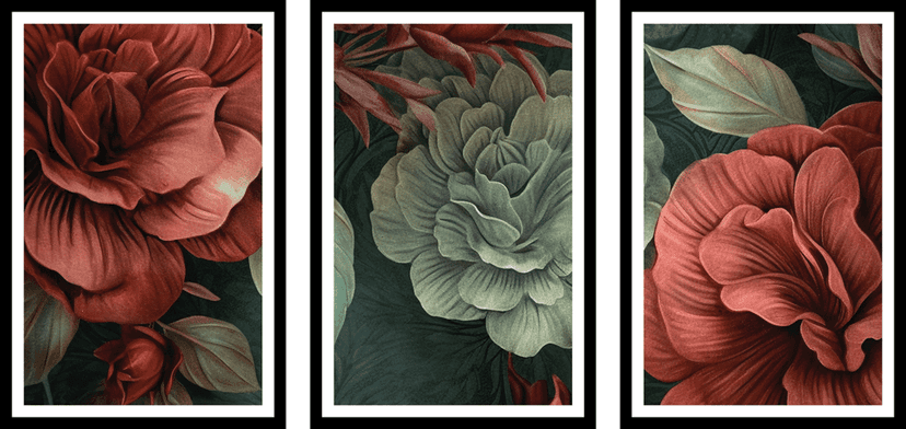 BEGONIA 3 PIECE FLOWER ART 48in X 24in WITH BLACK FRAME view 2