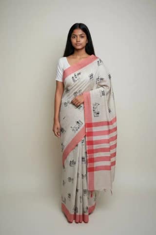 Odisha Handloom Cotton Saree Ivory Coral Temple Border