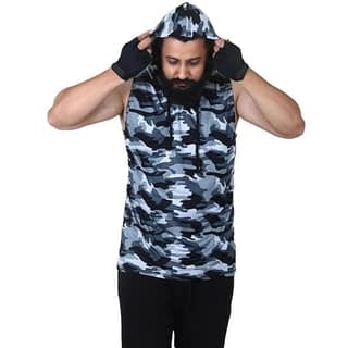 Men's Grey Camouflage Sleeveless Hoodie with Drawstring