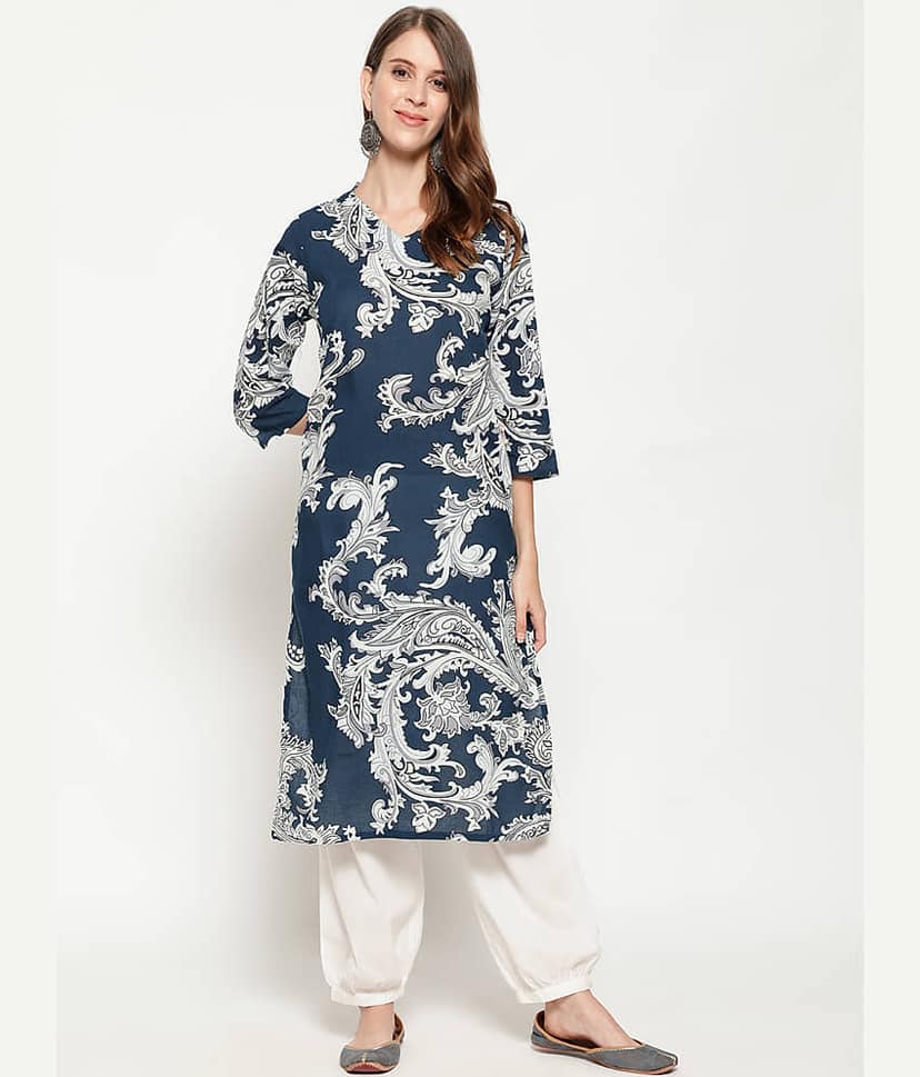 Antaran Cotton Printed Kurti With Salwar Women's Stitched Salwar Suit - Blue ( Pack of 1 )