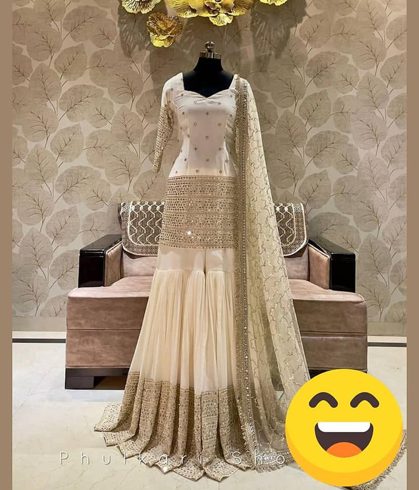 BHAGYASHRAY Women Satin Embroidered Straight Kurti With Sharara And Gharara ( White )