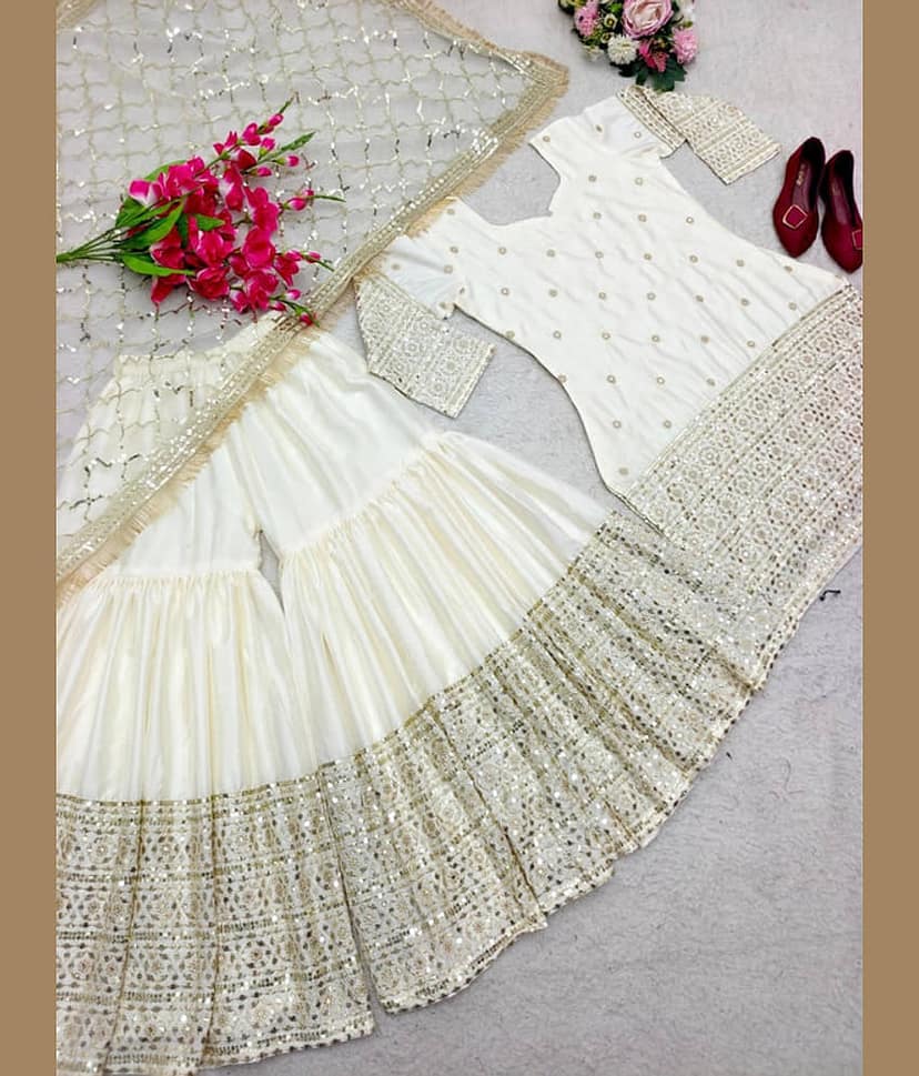 BHAGYASHRAY Women Satin Embroidered Straight Kurti With Sharara And Gharara ( White ) view 2