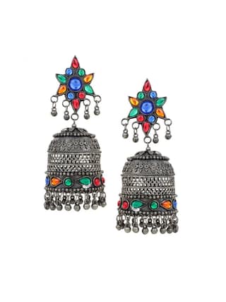 Cardinal Oxidized Silver Color Multicolor Stone Jhumki Earrings