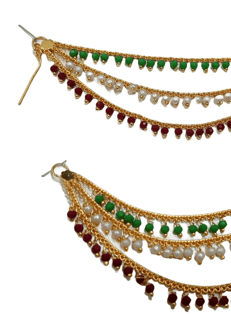 Traditional Indian Gold Plated Chandbali Earrings with Pearls and Green Beads view 2