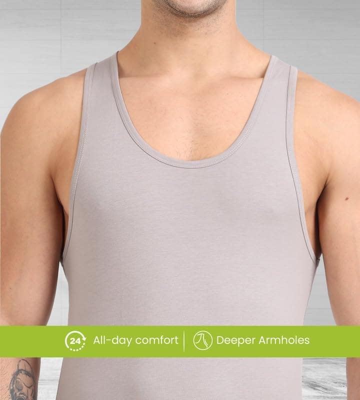 Freecultr Cotton Vest for Men Sleeveless Lightweight Solid Round Neck Comfort Vests Breathable & Comfortable Innerwear Sando for Man Regular Fit Pack of 2-Light Grey,White view 4