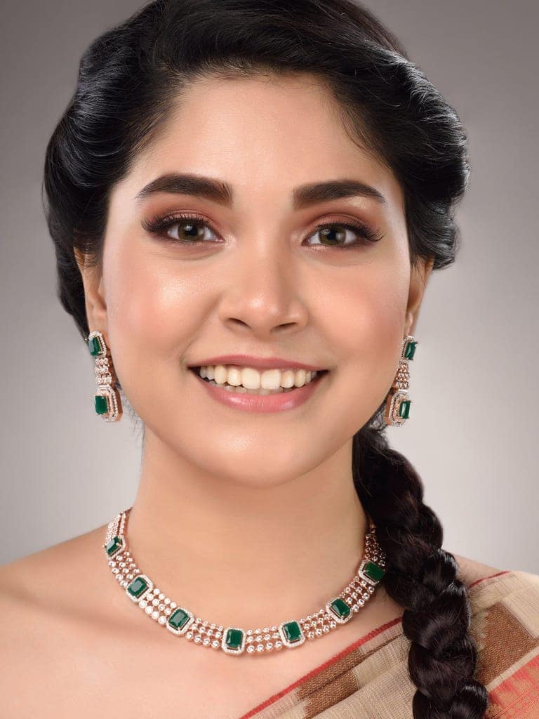 Rose Gold Plated White & Green AD Studded Modern Necklace Jewellery Set view 3