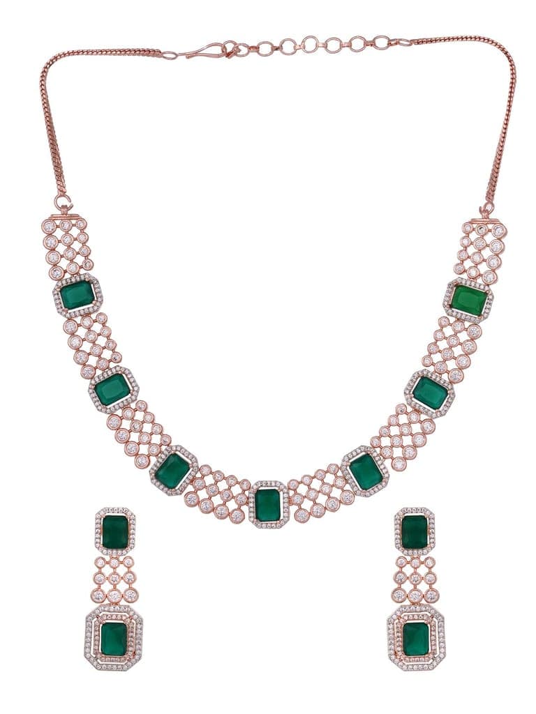 Rose Gold Plated White & Green AD Studded Modern Necklace Jewellery Set view 6