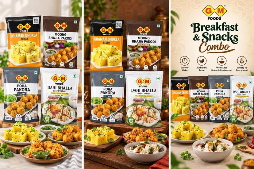 GM Foods Indian Snacks Party Combo Pack of 4 | Khaman Dhokla Mix 500g, Moong Bhajia 400g, Poha Pakora 200g & Dahi Bhalla Mix 500g | Ready to Cook Traditional Indian Snacks for Parties, Family Gatherings & Evening Tea | Total 1.6kg view 2