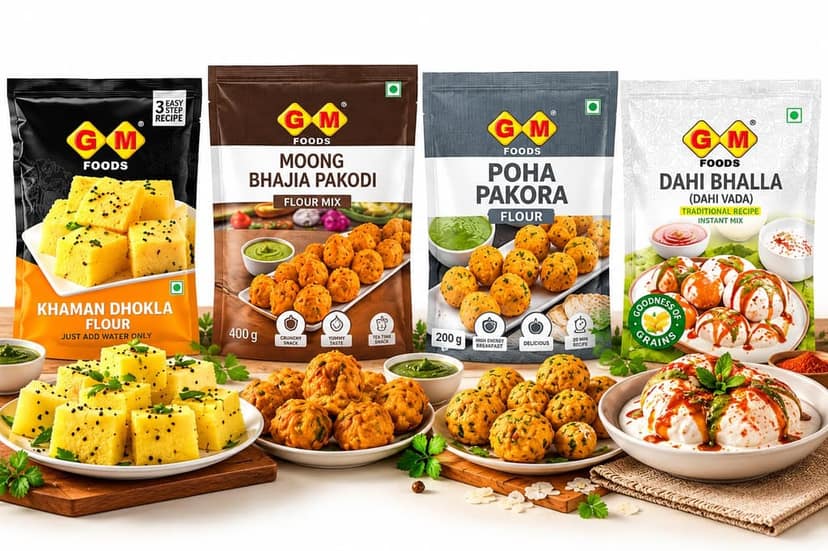 GM Foods Indian Snacks Party Combo Pack of 4 | Khaman Dhokla Mix 500g, Moong Bhajia 400g, Poha Pakora 200g & Dahi Bhalla Mix 500g | Ready to Cook Traditional Indian Snacks for Parties, Family Gatherings & Evening Tea | Total 1.6kg view 3