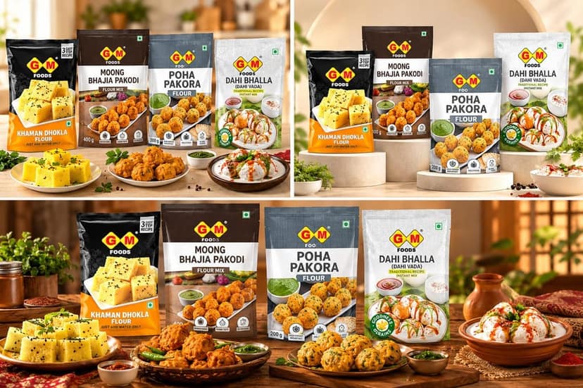 GM Foods Indian Snacks Party Combo Pack of 4 | Khaman Dhokla Mix 500g, Moong Bhajia 400g, Poha Pakora 200g & Dahi Bhalla Mix 500g | Ready to Cook Traditional Indian Snacks for Parties, Family Gatherings & Evening Tea | Total 1.6kg view 4