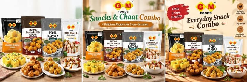 GM Foods Indian Snacks Party Combo Pack of 4 | Khaman Dhokla Mix 500g, Moong Bhajia 400g, Poha Pakora 200g & Dahi Bhalla Mix 500g | Ready to Cook Traditional Indian Snacks for Parties, Family Gatherings & Evening Tea | Total 1.6kg view 5