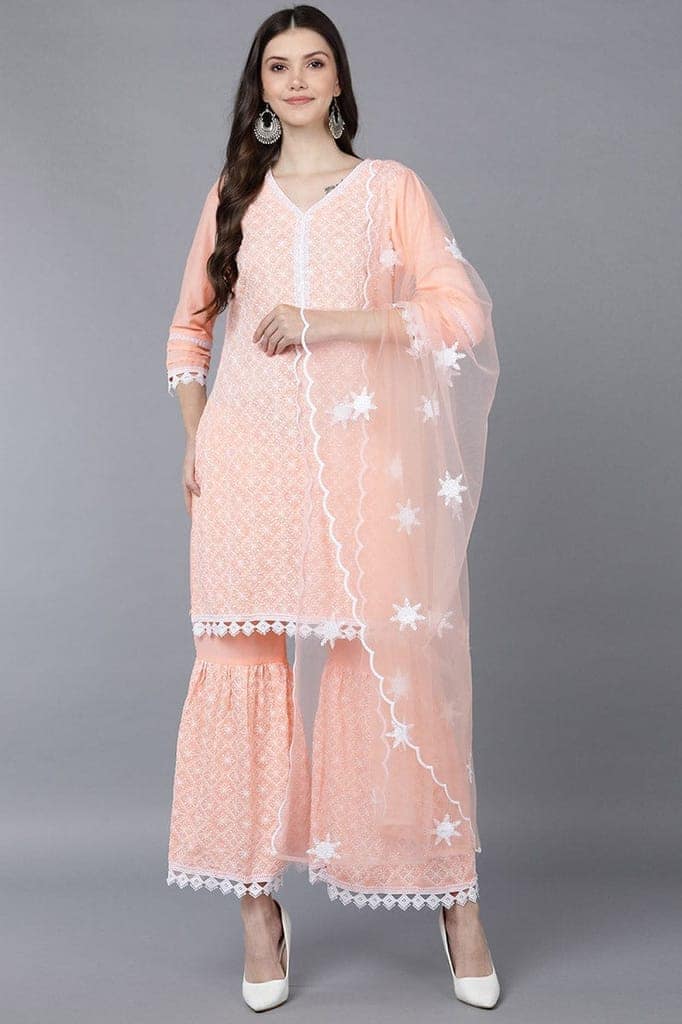 Peach Poly Silk Straight Sharara Suit Set PKSKD1406