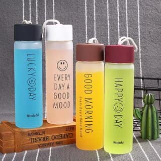 Minha 350ml Smiley Glass Water Bottle with Cup Lid Leak Proof (Assorted Color) 1 Piece