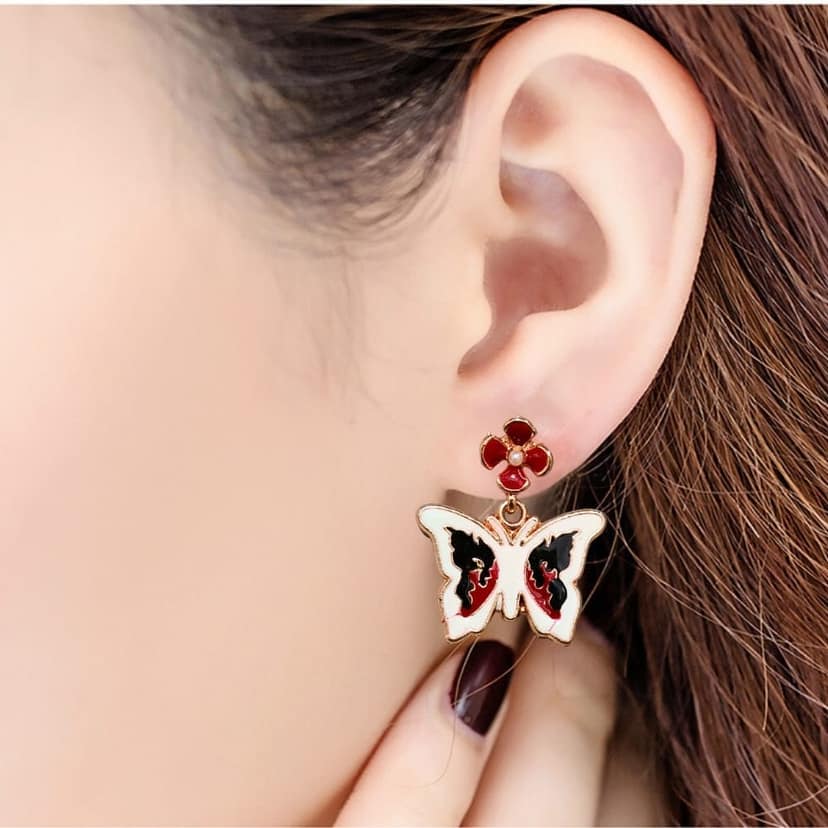 Jewelryklub Peach Butterfly Earrings with Flower Studs view 4