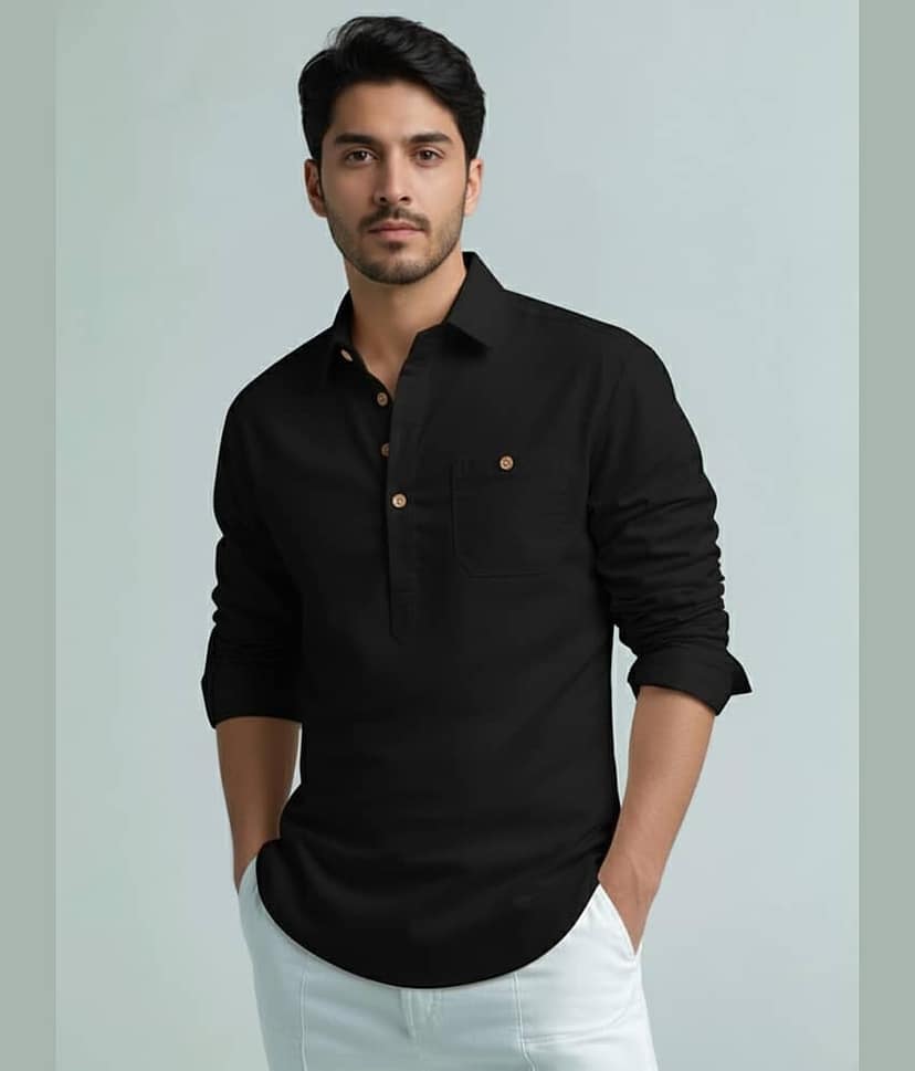 BHUVIKOO Cotton Blend Plain Shirt Style Kurta For Men ( Grey )